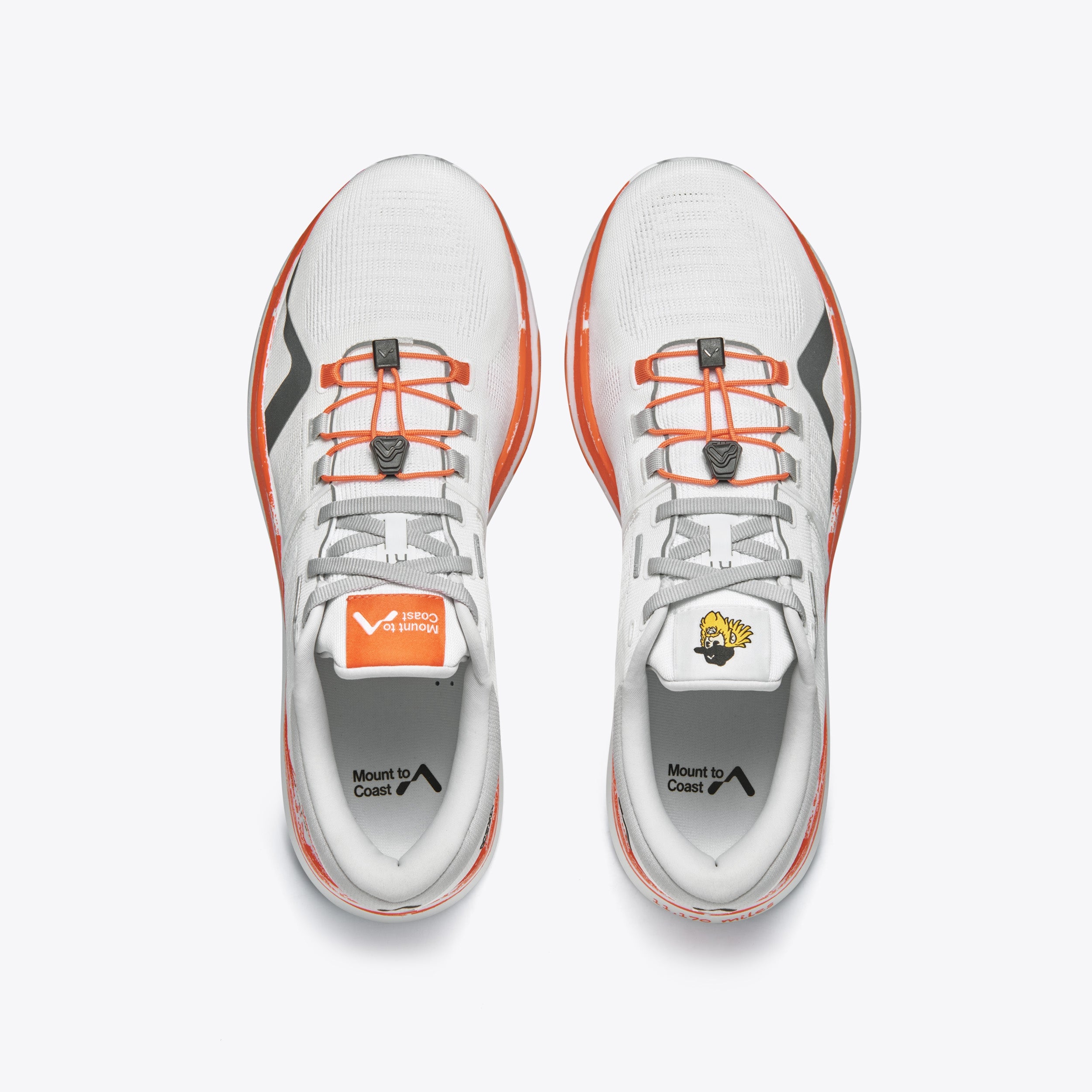 Mount to Coast R1 Cam, white and orange running shoes, overhead view #Color_cam