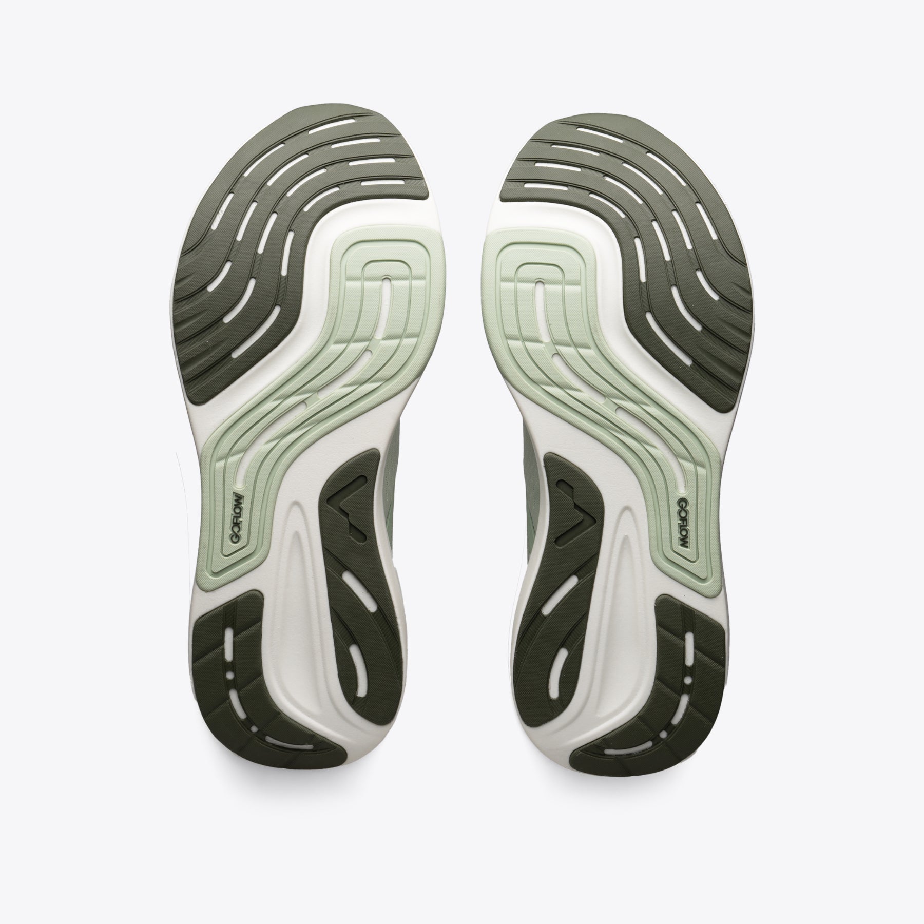 P1 Agave running shoe sole with GoFlow text, green and off-white design for stability