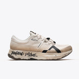 R1 Legacy running shoe, white with black accents, 'Transcend Distance' graffiti, designed for trail running and ultrarunners.