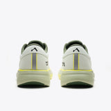 R1 Agave road running shoes, back view. White and green design, Mount to Coast logo, for ultramarathons.