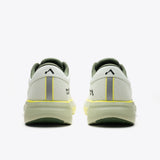 Mount to Coast R1 Agave running shoe rear view, featuring reflective stripe and heel branding, road ultramarathon shoe