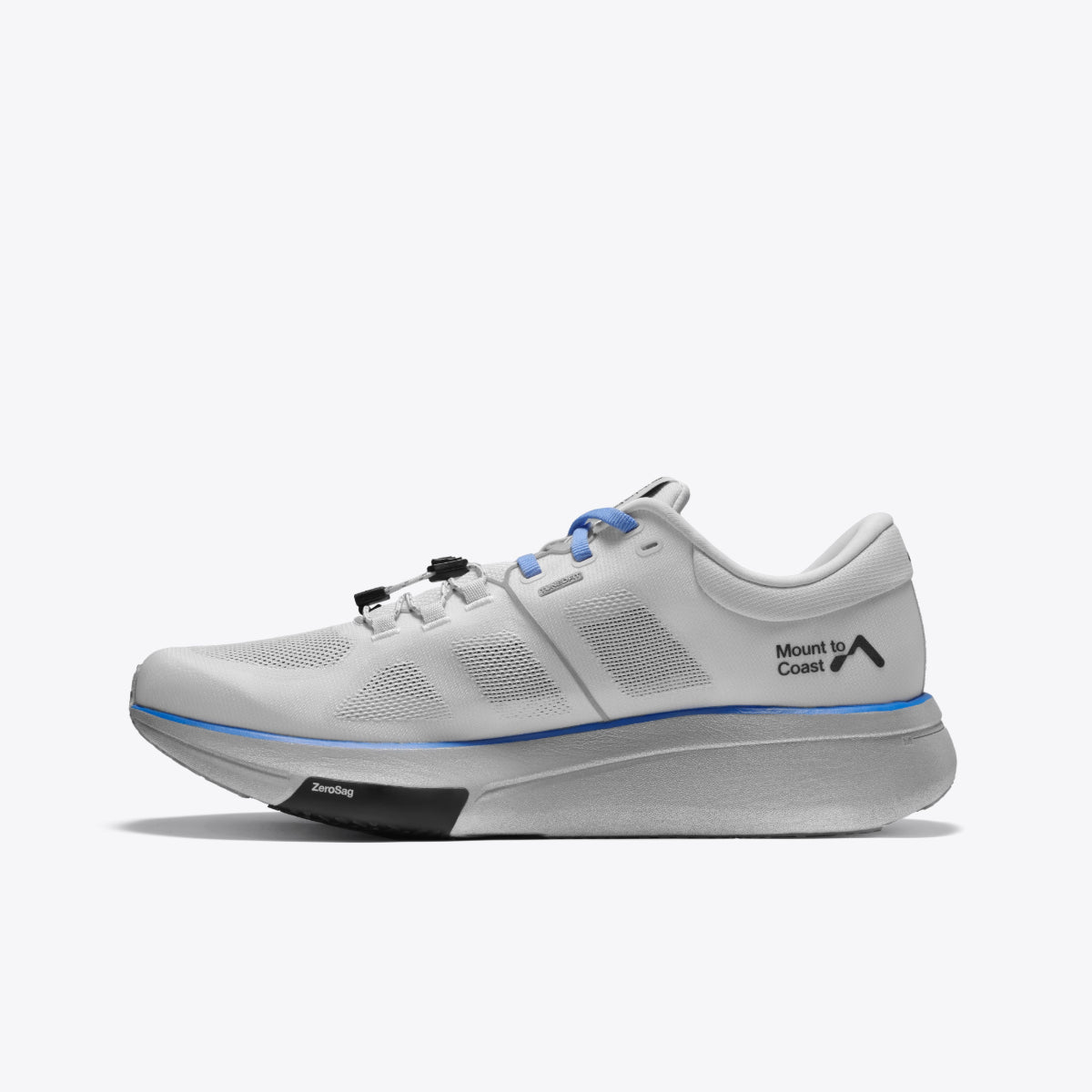R135 ultra-marathon running shoe in white with blue accents, featuring ZeroSag and Mount to Coast branding.