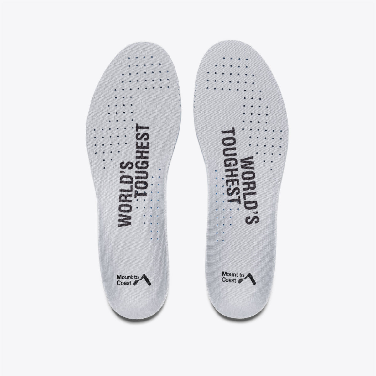 R135 ultra-marathon shoe insoles with 'WORLD'S TOUGHEST' branding, breathable design for optimal performance.