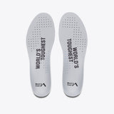 R135 ultra-marathon shoe insoles with 'WORLD'S TOUGHEST' branding, breathable design for optimal performance.