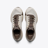 Mount to Coast T1 trail running shoes, top-down view. Beige and brown colorway. Brand logo on the tongue and insole.
#Color_dune