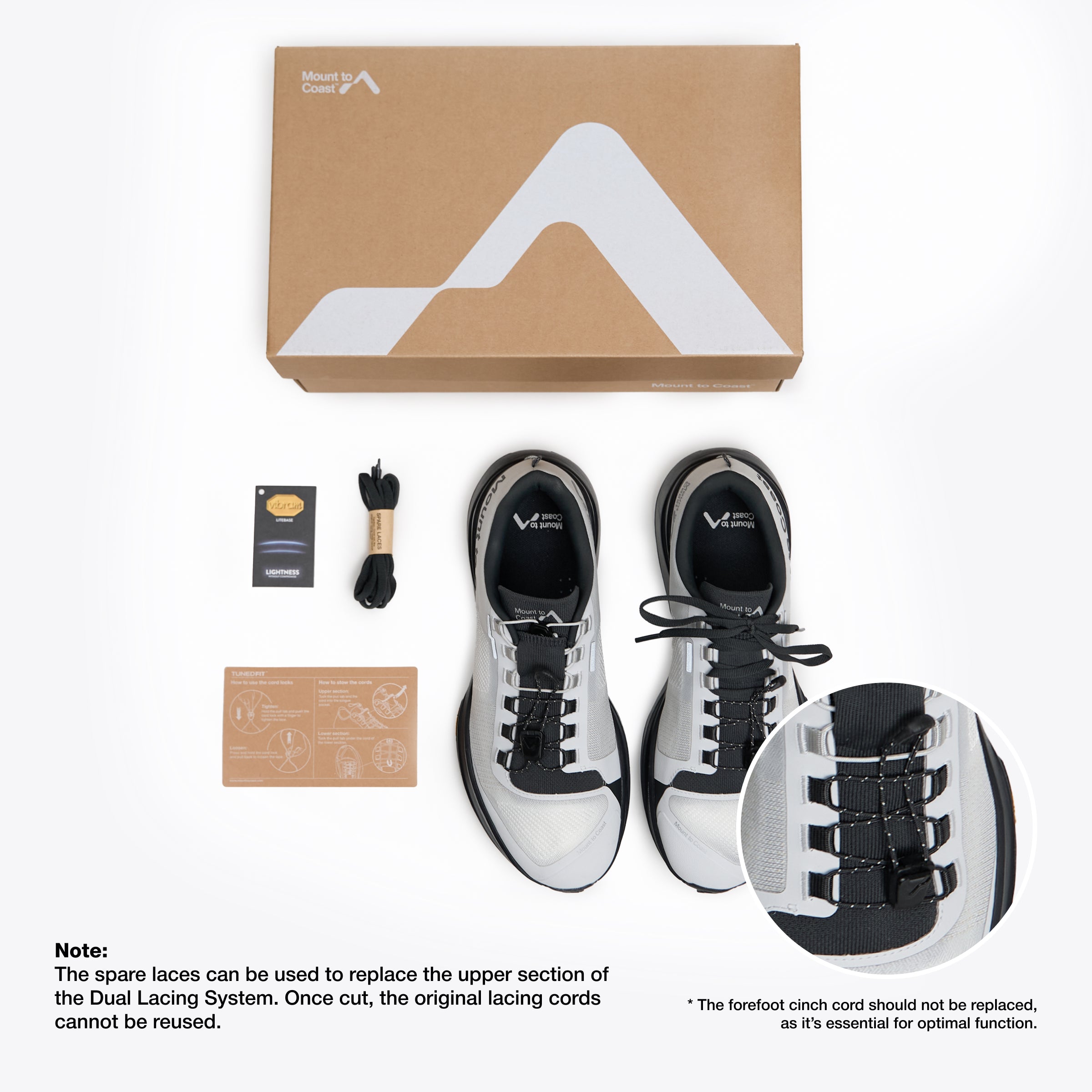 Mount to Coast T1 trail running shoes with dual lacing system, Vibram sole, and spare laces included. #Color_tephra