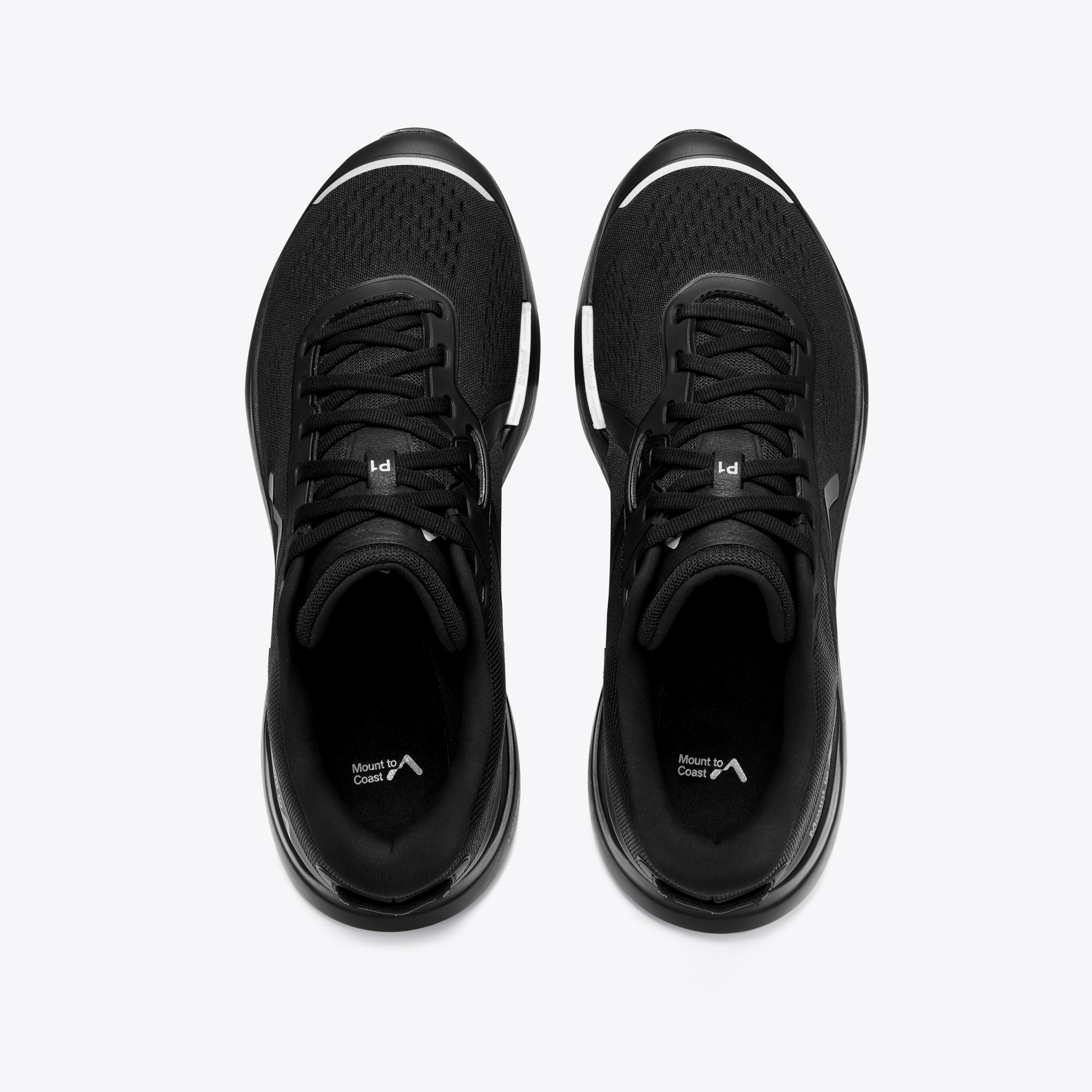 Mount to Coast P1 black running shoes - Top-down view #Color_black