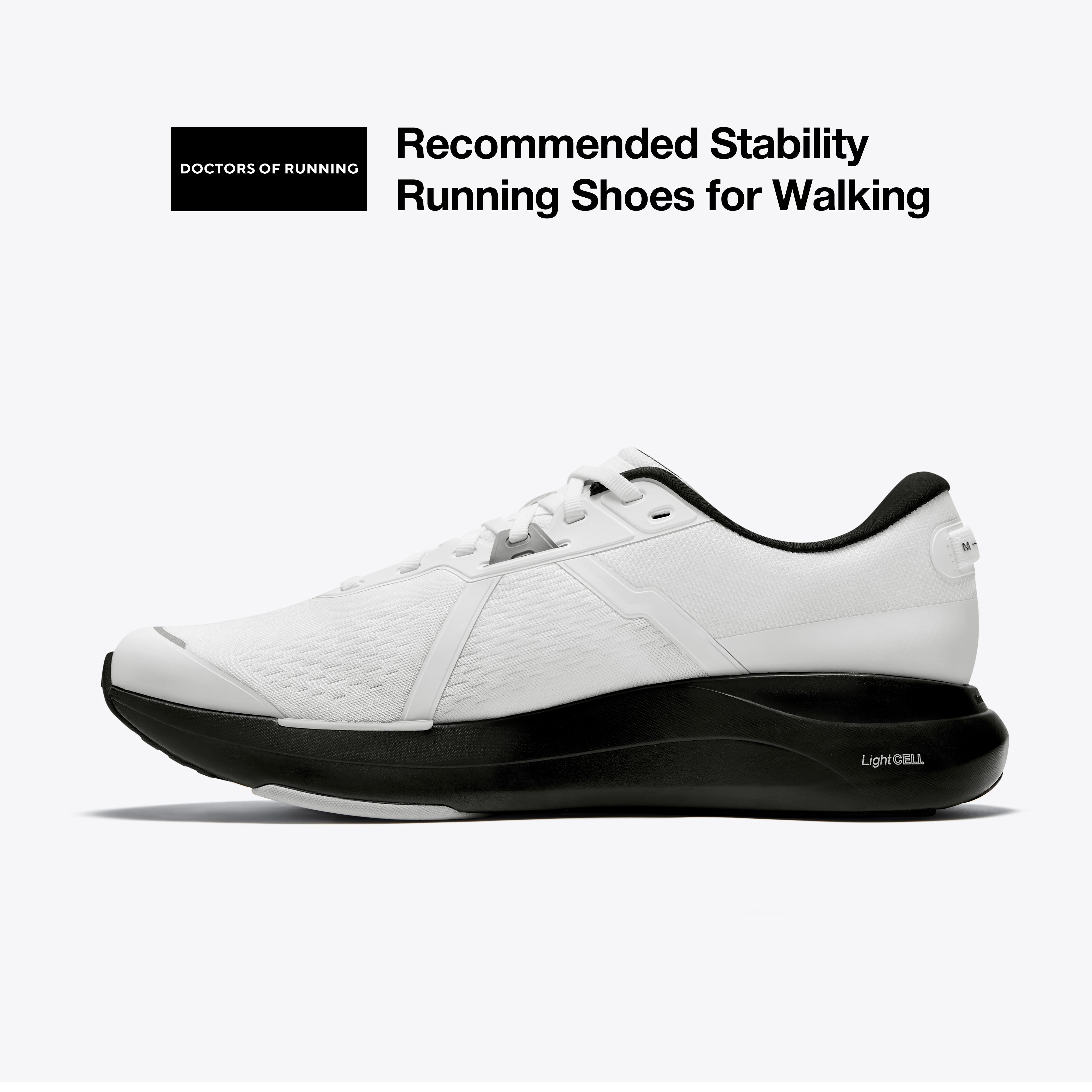 P1 stability running shoe, white upper with black sole. Recommended for walking. #Color_white|black