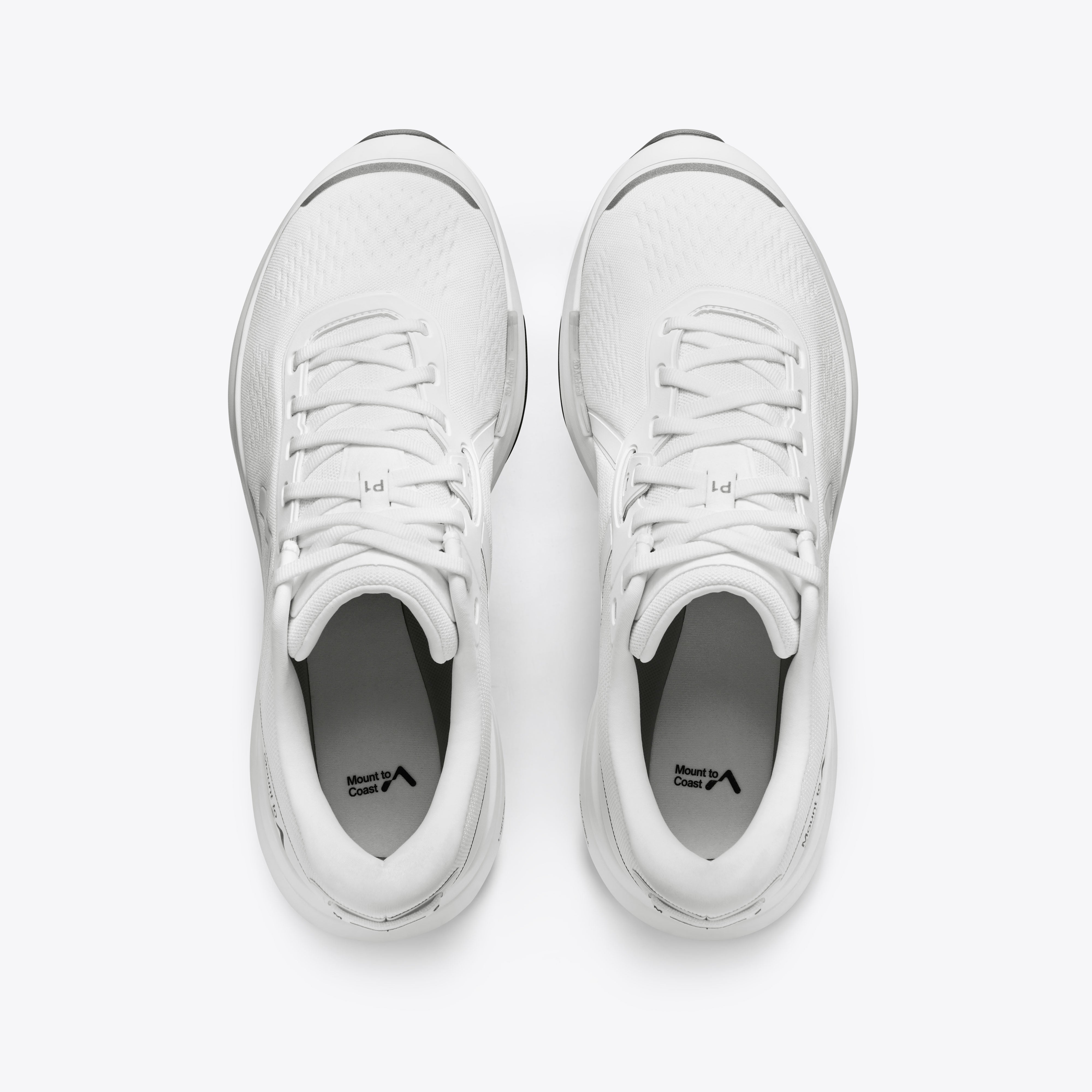 Mount to Coast white running shoes, overhead view, showcasing details #Color_white