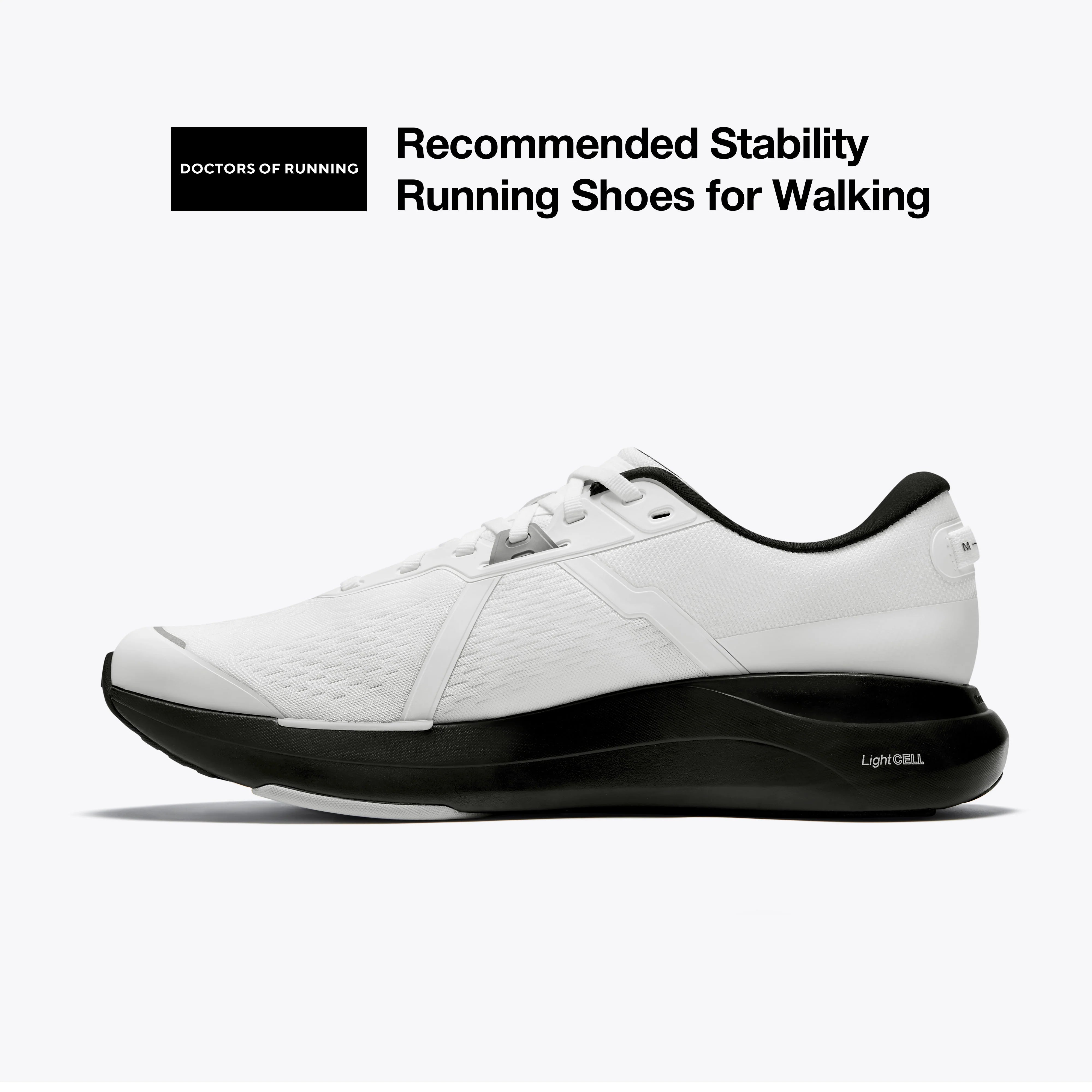 Mount to Coast P1 stability running shoe, white and black design, recommended by Doctors of Running. #Color_white|black