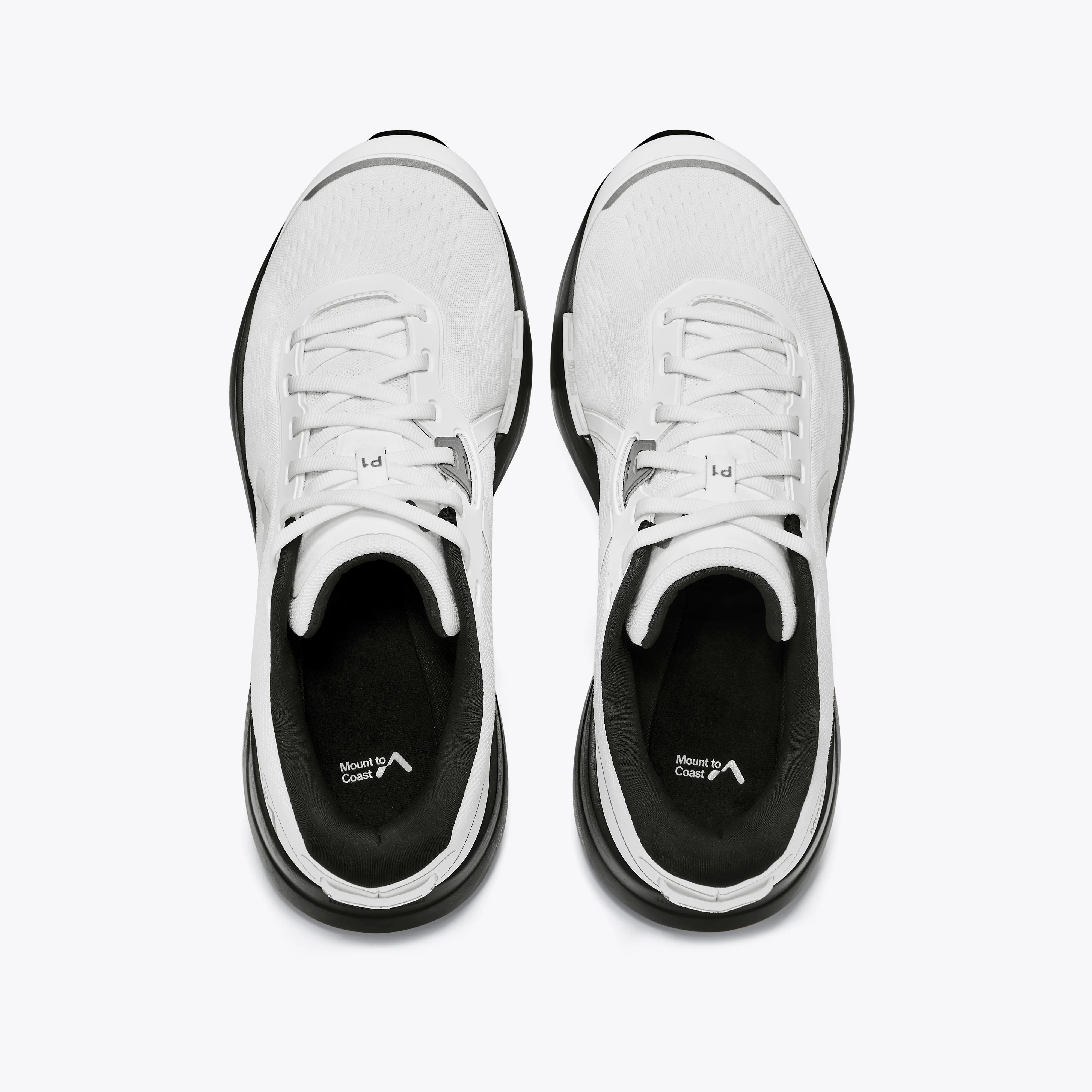 Mount to Coast P1 stability running shoe, white and black, with 3D Archrail technology, top-down view. #Color_white|black