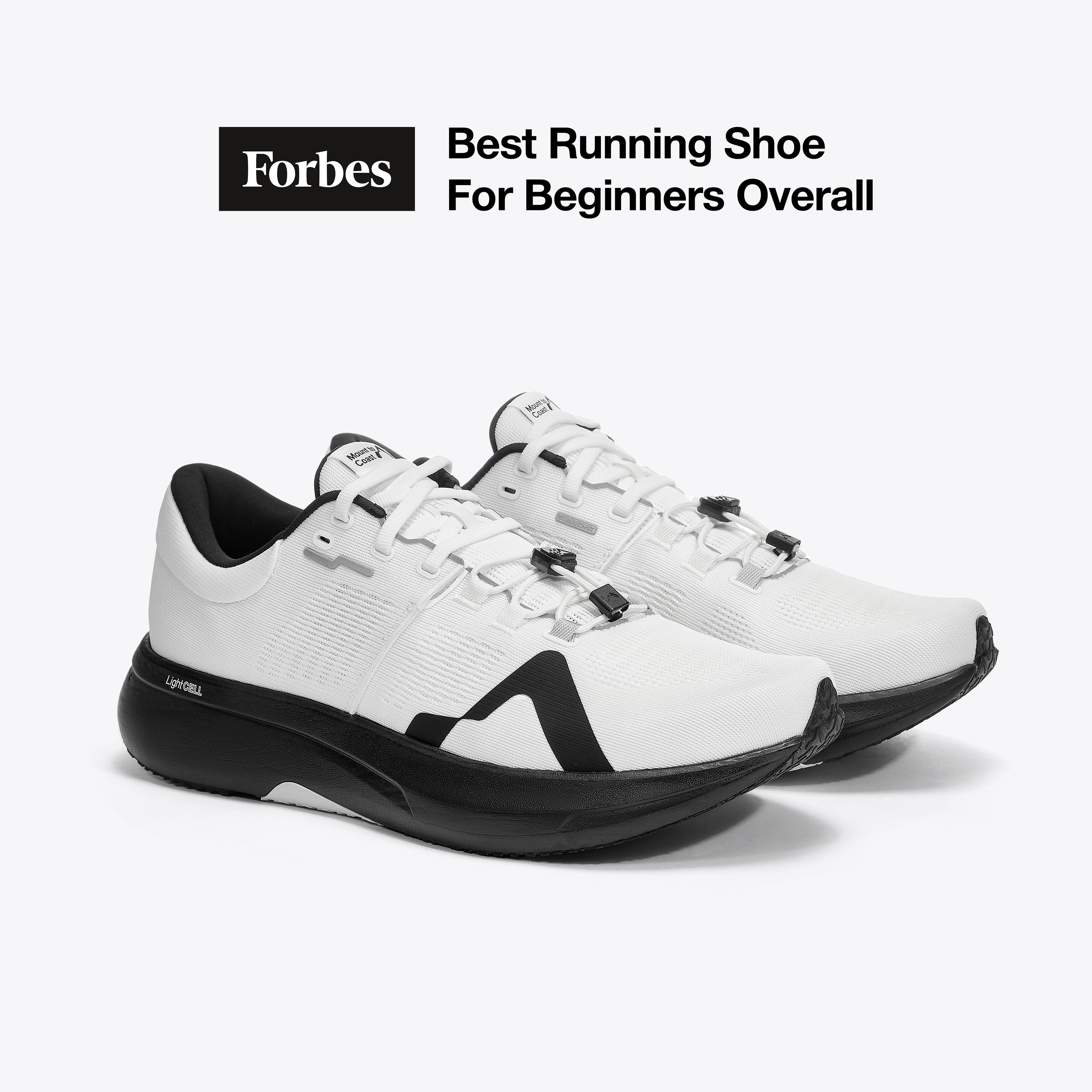 Mount to Coast R1 road running shoe, "Best Running Shoe For Beginners" by Forbes, white and black design. #Color_white|black