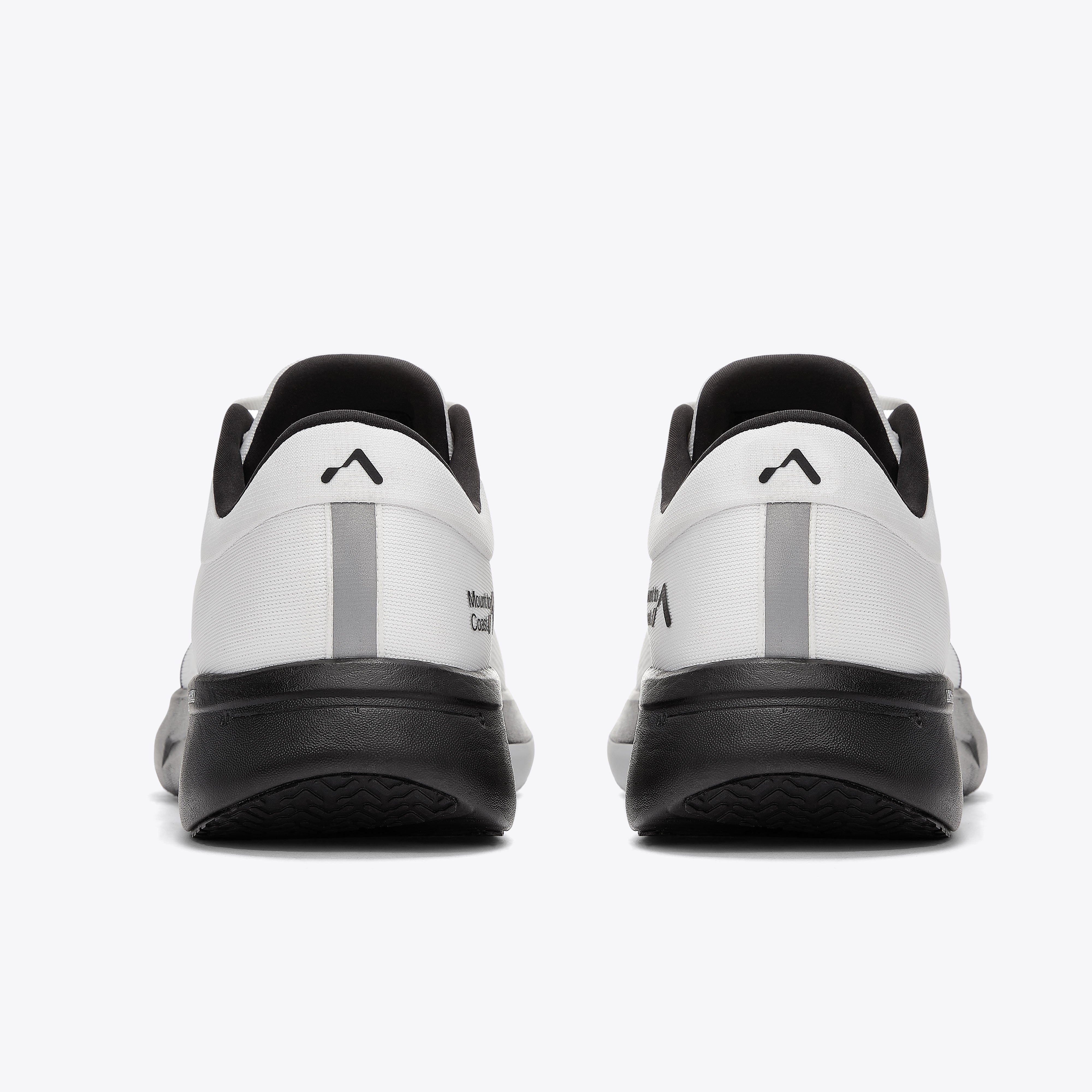 R1 road running shoe rear view, white upper, black sole, Mount to Coast logo #Color_white|black