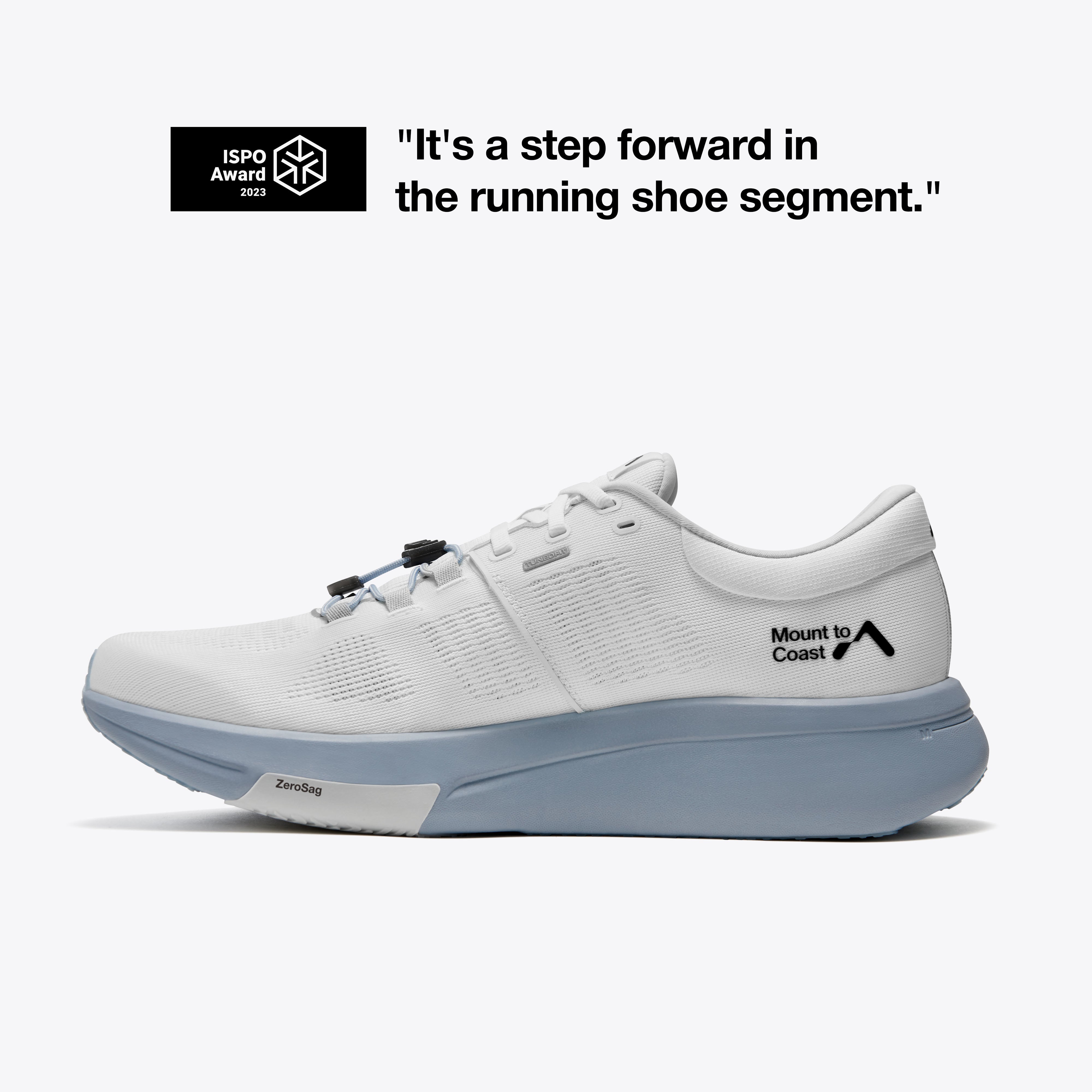 Mount to Coast R1 road running shoe, white and blue, ISPO Award 2023. #Color_twilight