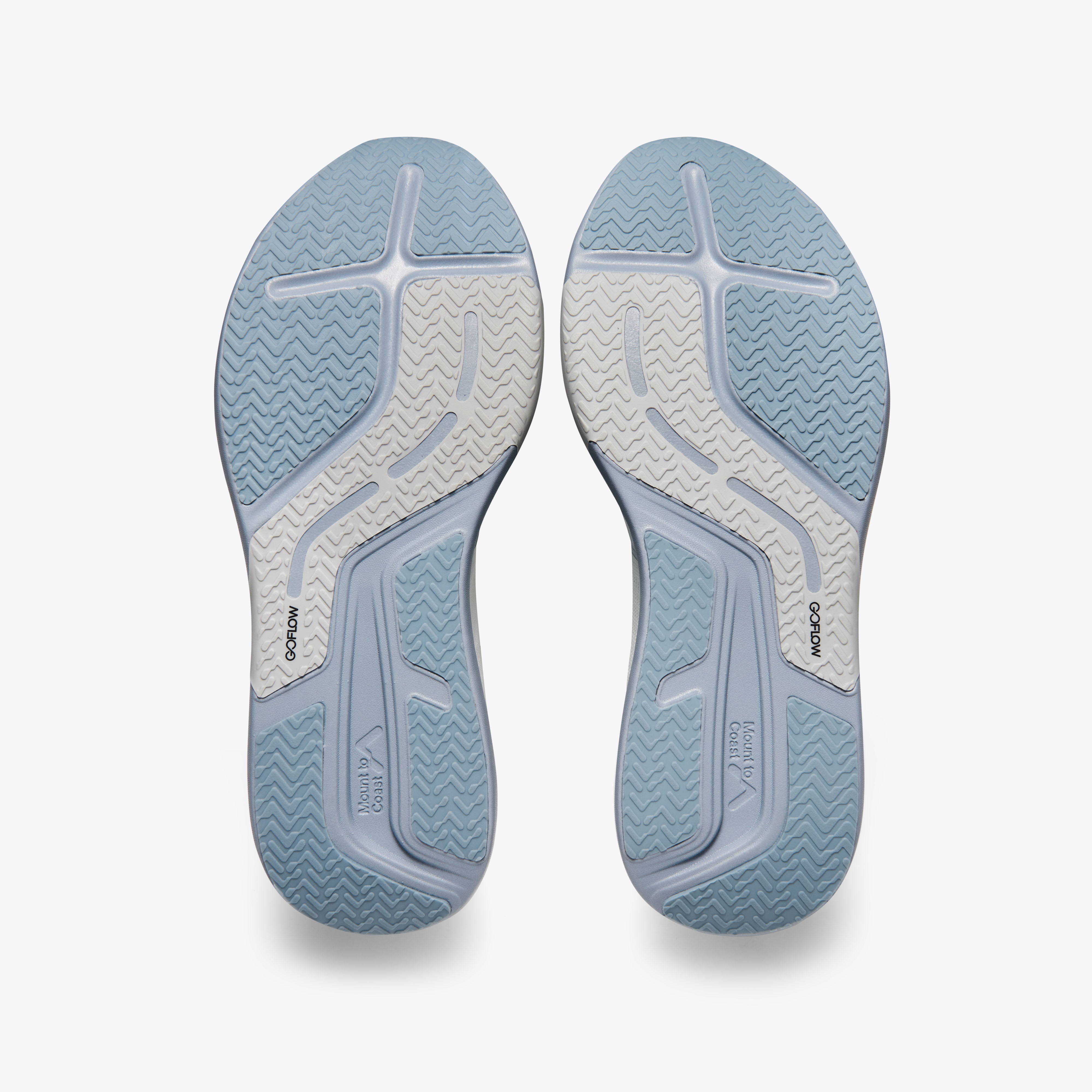 R1 ultramarathon shoe sole. GOFLOW technology with blue and white design for breathability and grip. #Color_twilight