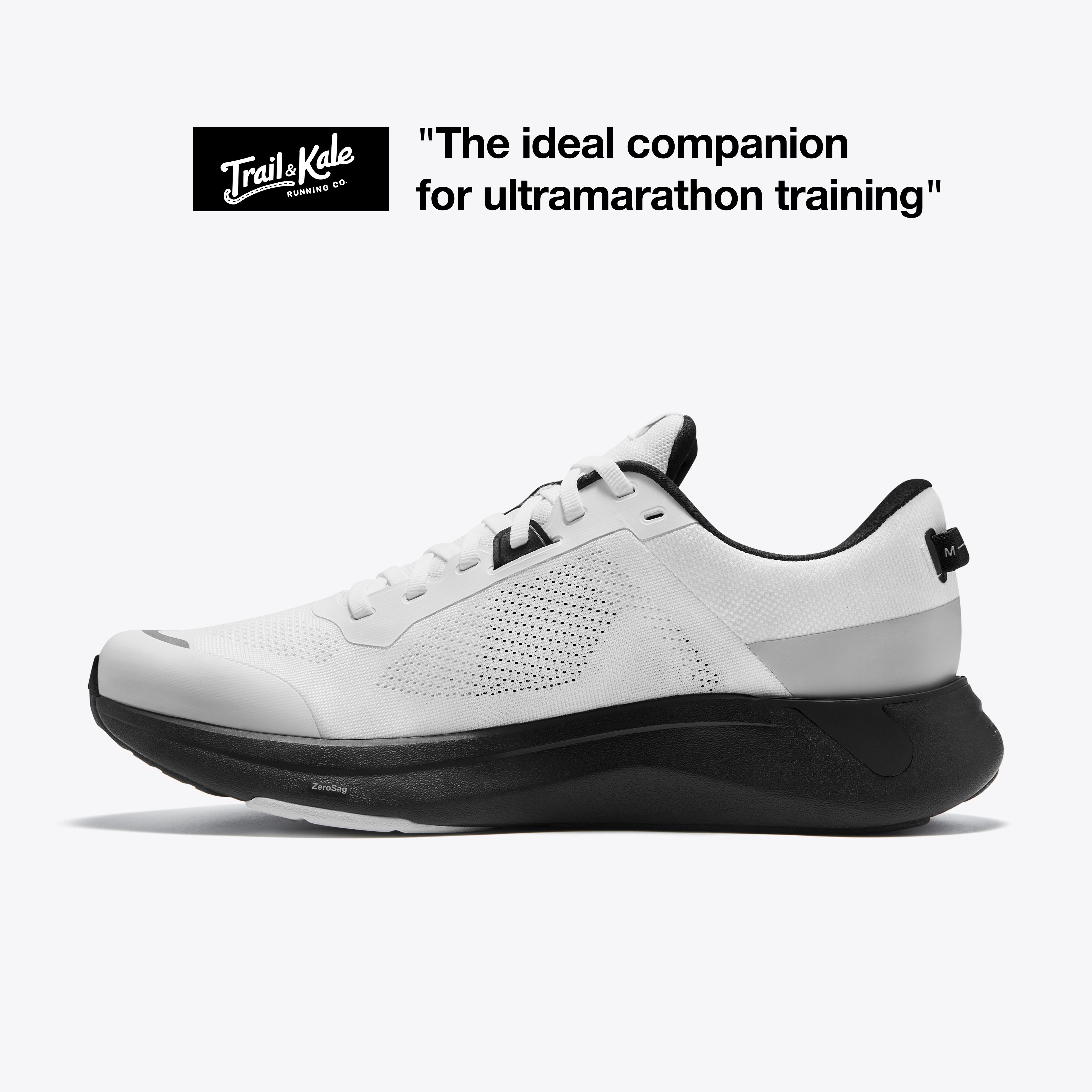 Ultrarunning shoe in white and black with ZeroSag tech, ideal for ultramarathon training. Trail & Kale. #Color_white|black