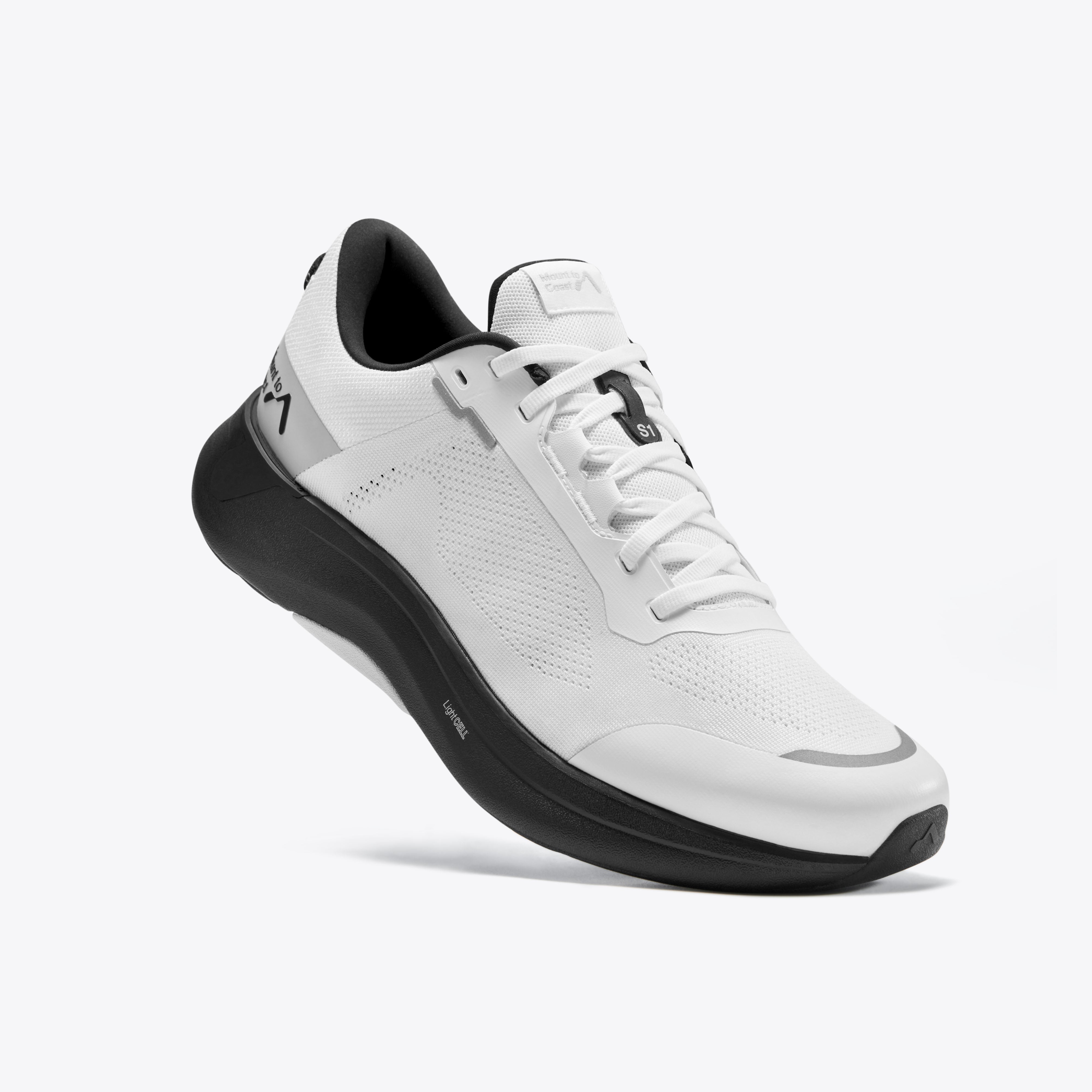 S1 white running shoe with black sole. Features Light CELL technology for road and trail. #Color_white|black