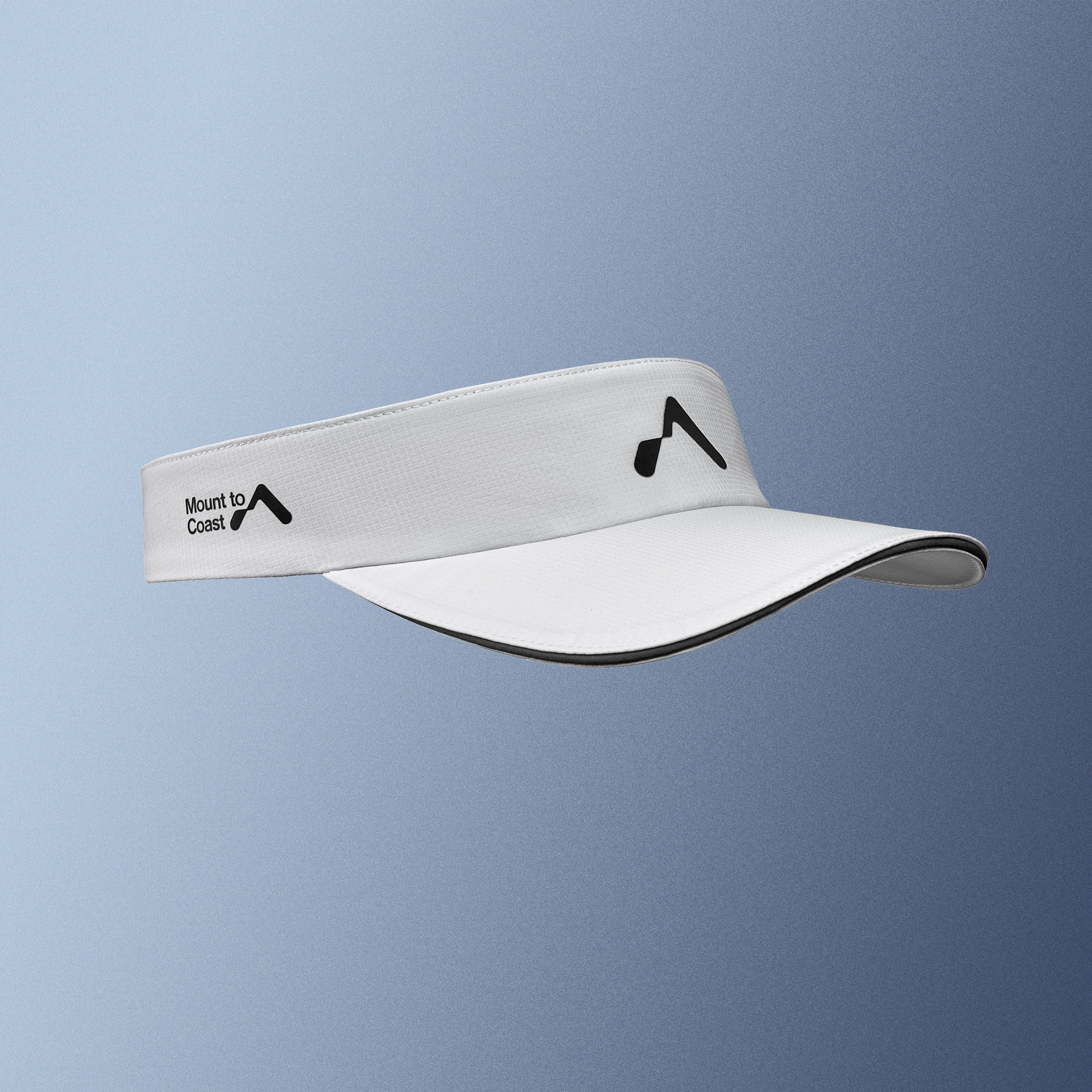 White Mount to Coast running visor. Breathable polyester fabric, reflective logo, and adjustable headband for running.