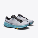 Mount to Coast T1 trail running shoe with light grey upper, aqua midsole, black outsole for trail running.