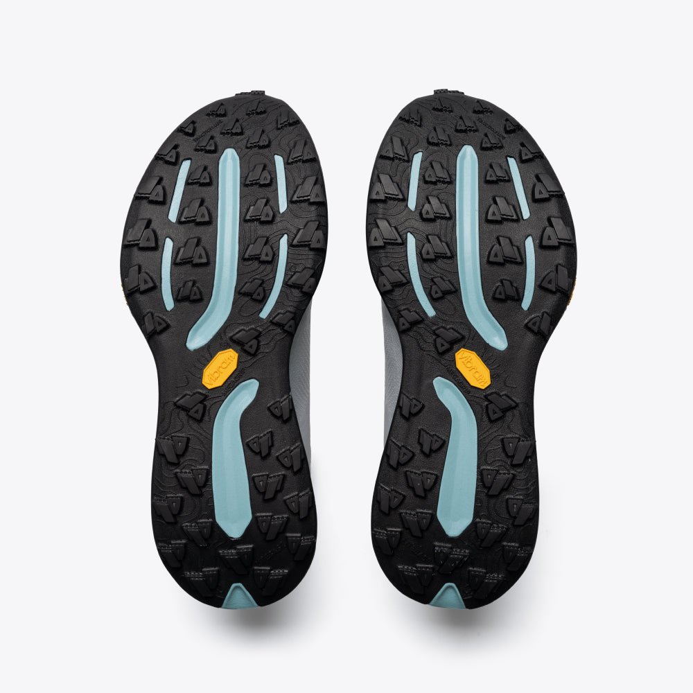 Mount to Coast T1 trail running shoes soles, black Vibram soles with aqua inserts and rugged tread