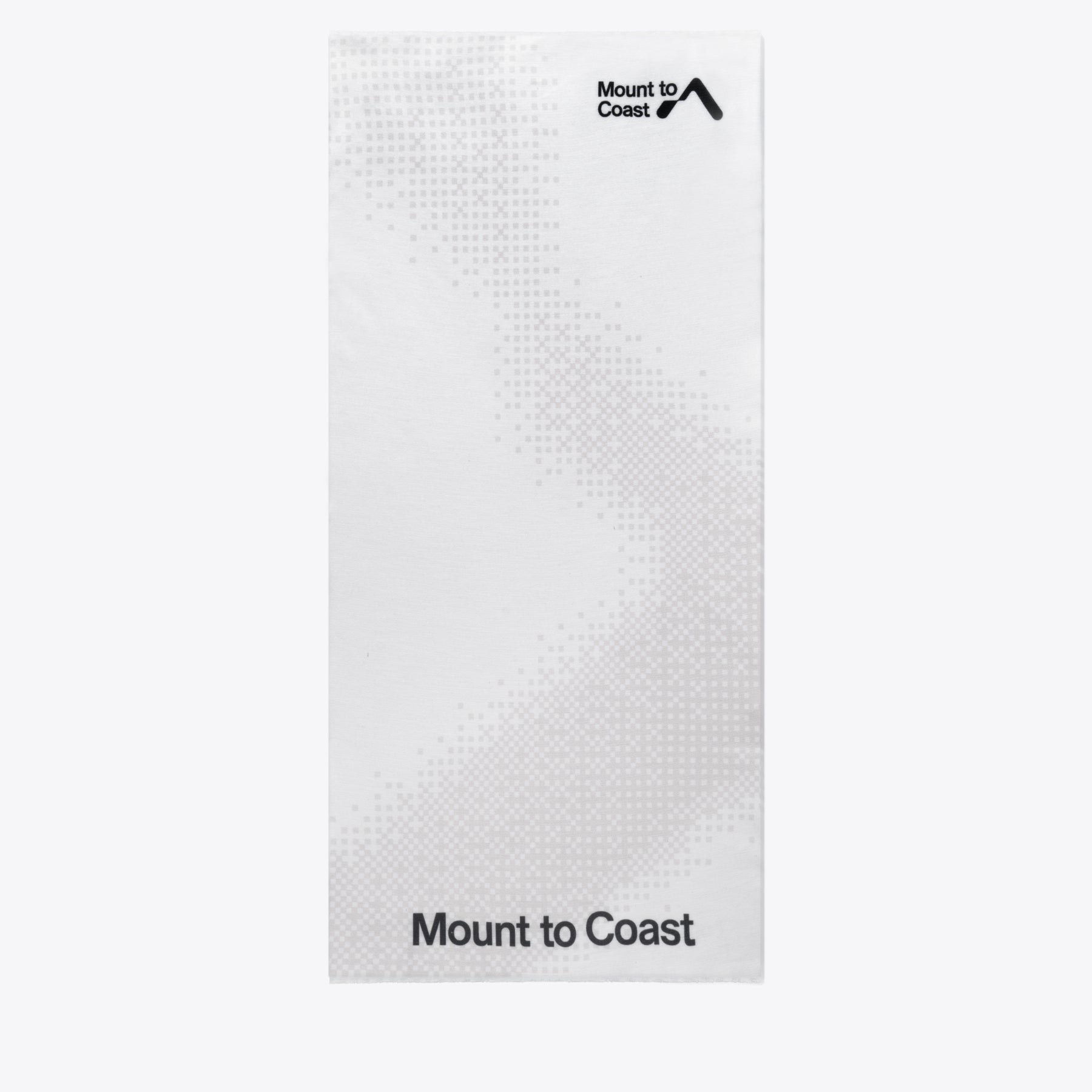 White neck gaiter with Mount to Coast logo and patterned design, providing UPF 50 sun protection.