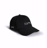 Black running cap with Mount to Coast logo, breathable polyester fabric for moisture wicking and night running.