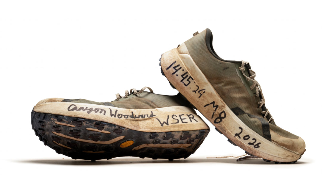 Canyon Woodward's race-worn M1 shoes from Western States 100 in 2026